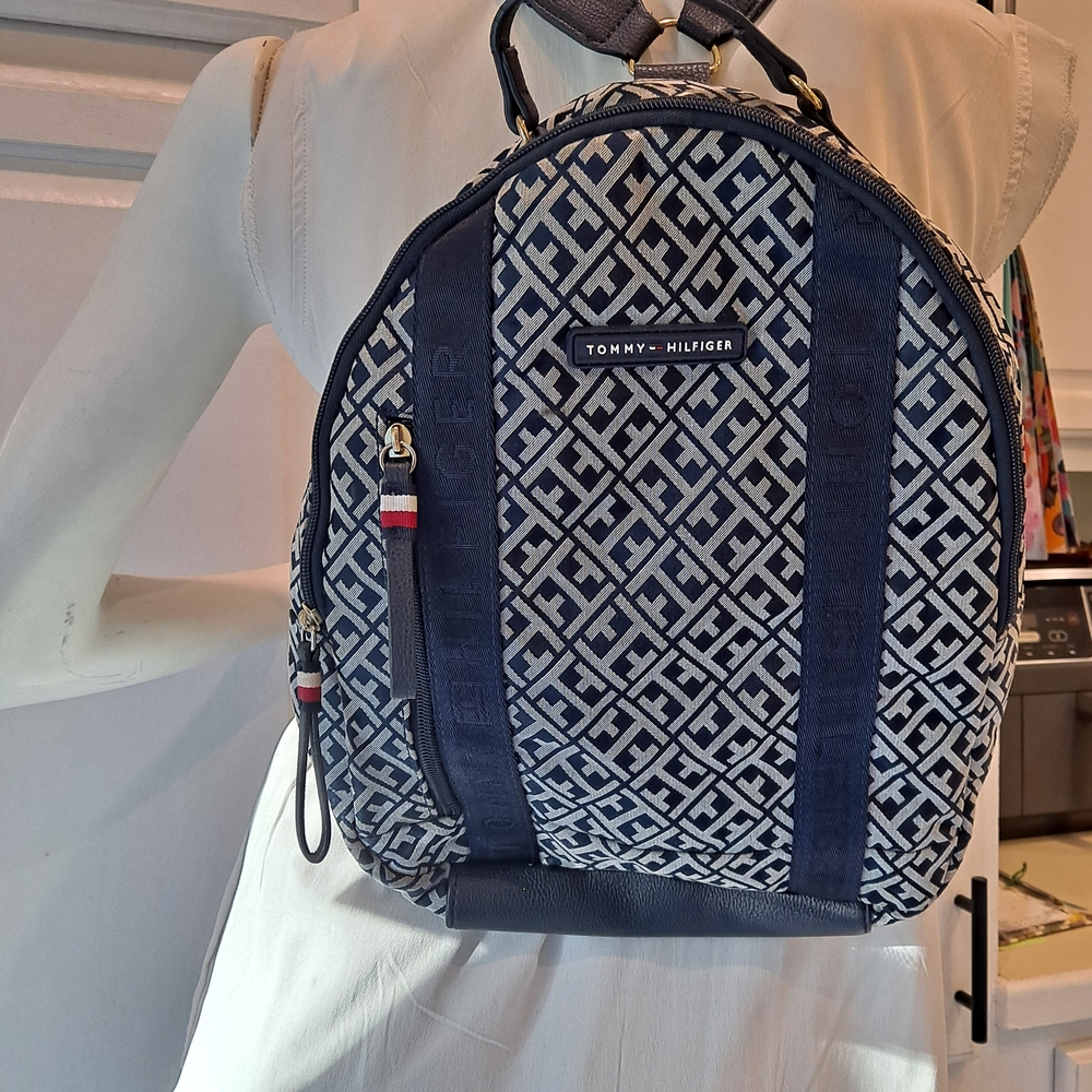 Tommy Hilfiger Monogram Blue & Gray Signature Logo Canvas Backpack Purse